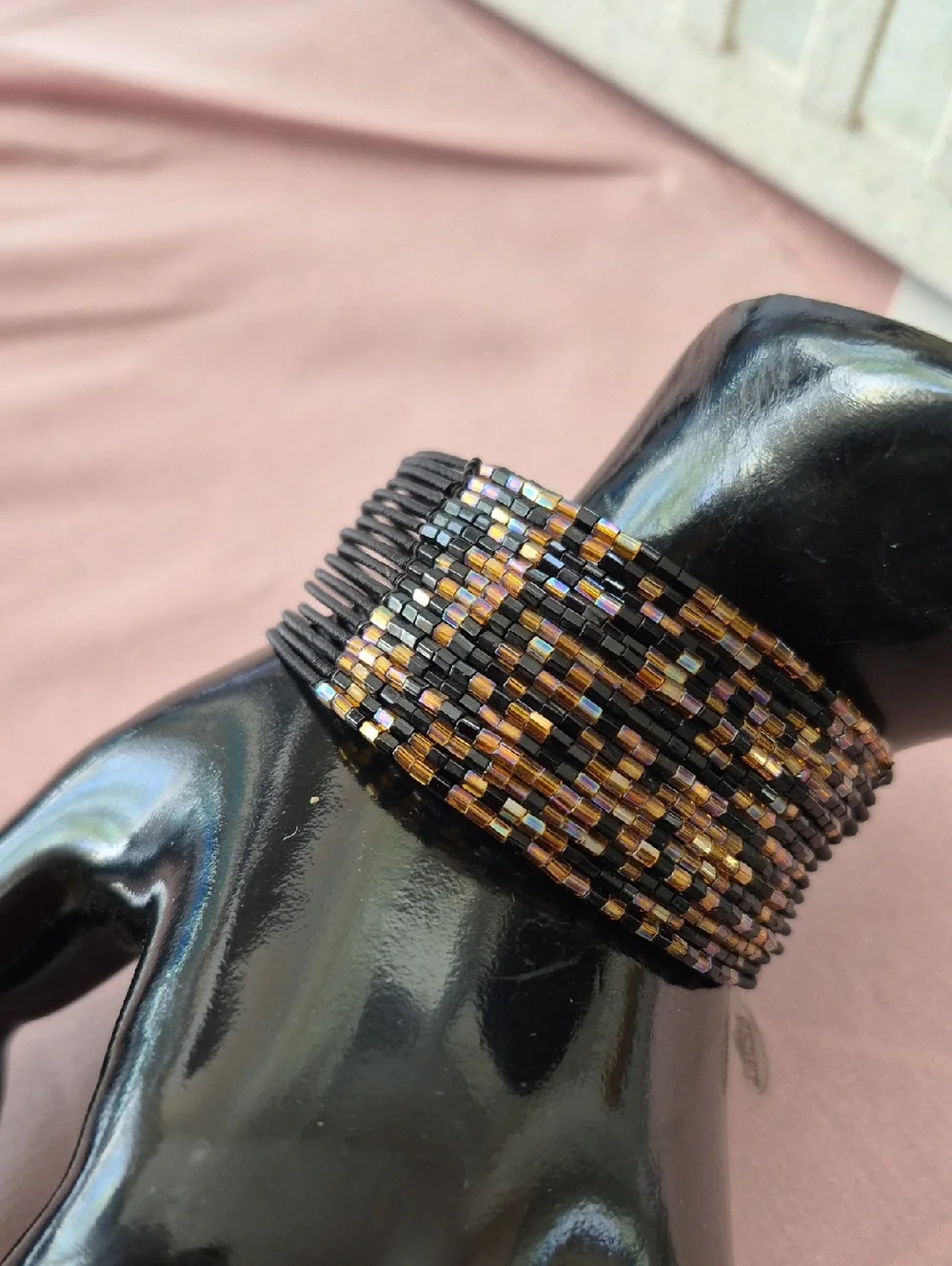 Twos Company Metallic Iridescent Brown Black Pink Seed Beaded Cuff Bracelet